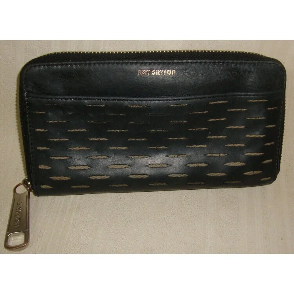 Joy Gryson Black Perforated Leather Zip around Wallet - Picture 1 of 6